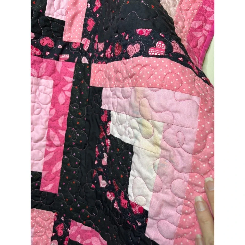 Handmade Pink Black Heart Log Cabin Patchwork Quilt Kid Baby Blanket 36x36 Stain